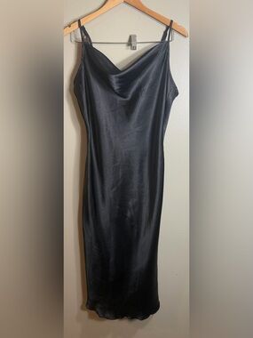 Bebe Black Satin Slip Dress Midi Cowl Neck Y2K Made in USA Large